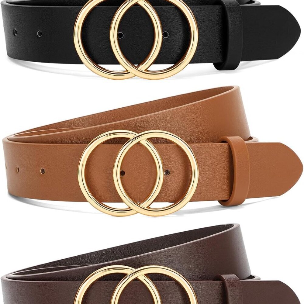 Women Waist Belts Faux Leather 3 Pack with Gold Double O-Ring Buckle